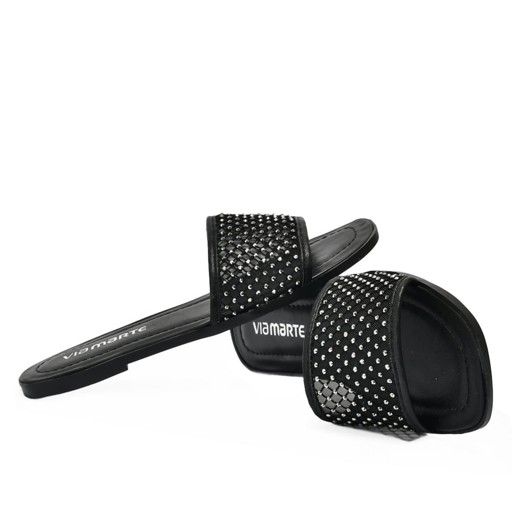 Rasteira Feminina Via Marte Tira Larga em Tela com Pedrarias Preta Preto 3