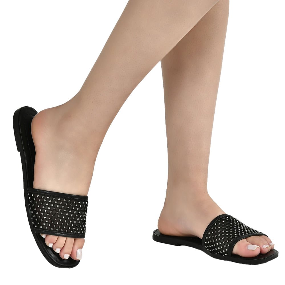 Rasteira Feminina Via Marte Tira Larga em Tela com Pedrarias Preta Preto 4