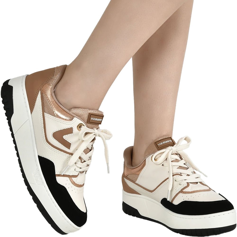Tênis Feminino Via Marte Flatform com Recortes Metalizados Off White/Preto Bege 4