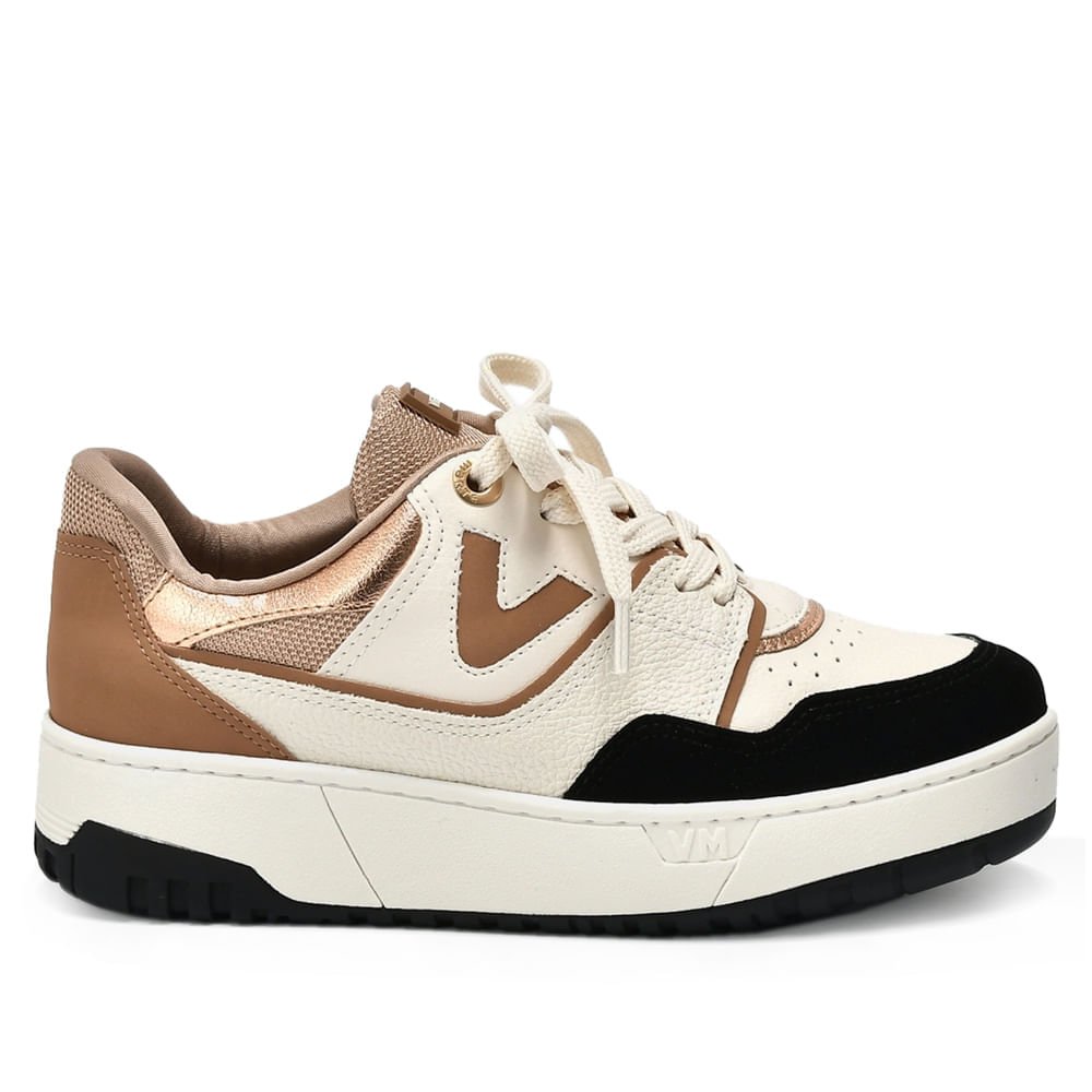 Tênis Feminino Via Marte Flatform com Recortes Metalizados Off White/Preto Bege 1