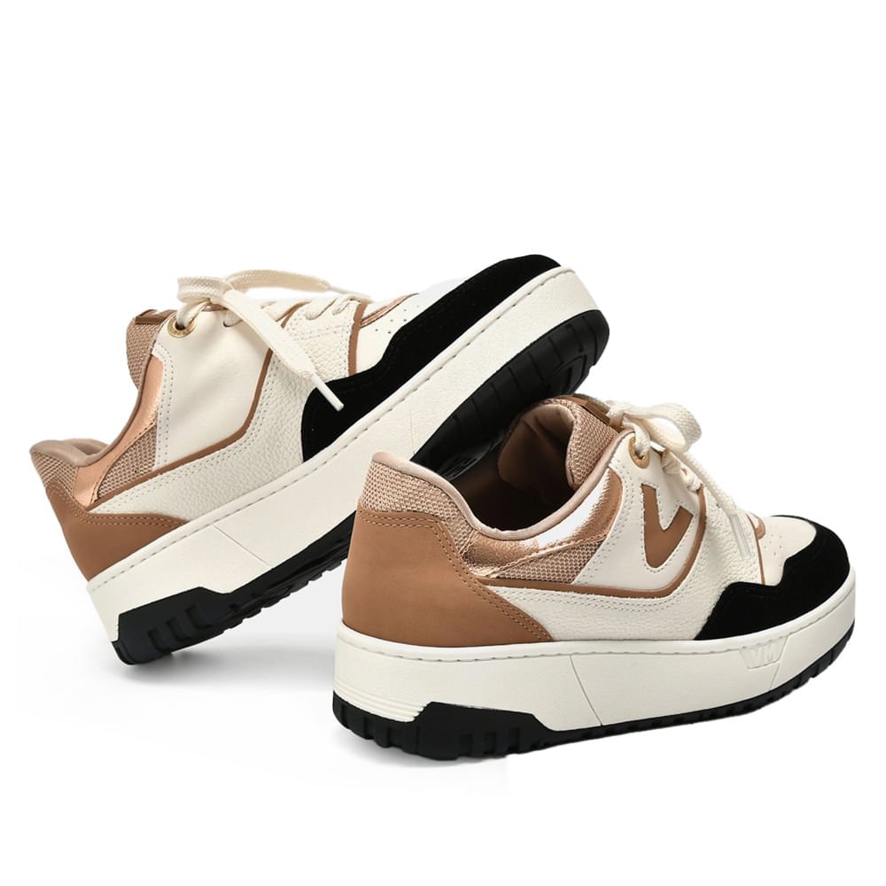 Tênis Feminino Via Marte Flatform com Recortes Metalizados Off White/Preto Bege 2