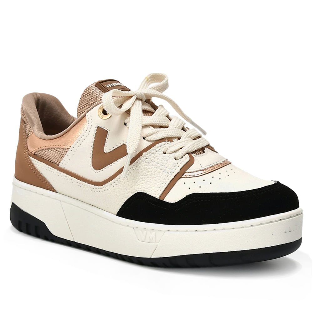 Tênis Feminino Via Marte Flatform com Recortes Metalizados Off White/Preto Bege 3