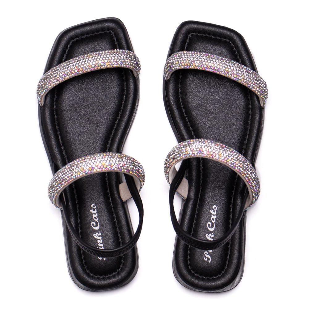 Sandália Rasteira Infantil Pink Cats com Tiras em Strass Preto Preto 4