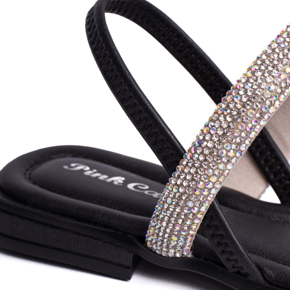 Sandália Rasteira Infantil Pink Cats com Tiras em Strass Preto Preto 6