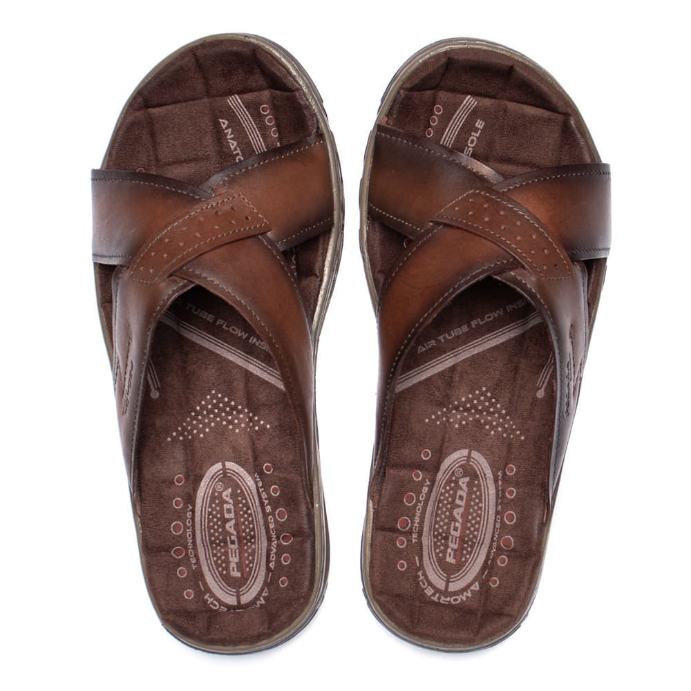 Chinelo Slide Masculino Pegada em Couro Marrom