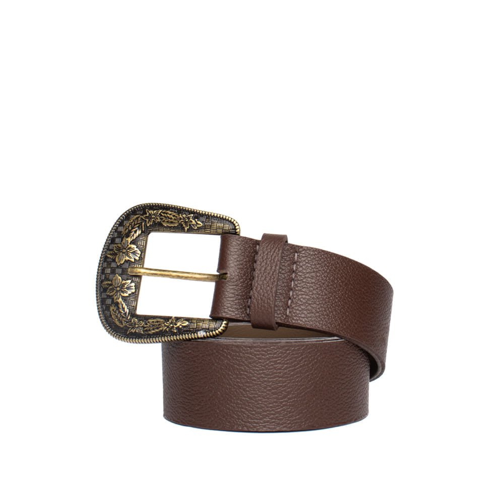 Cinto Feminino Dakota de Couro Fivela com Flores Café