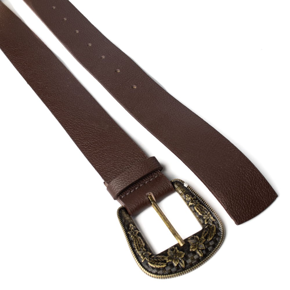 Cinto Feminino Dakota de Couro Fivela com Flores Café Marrom 2