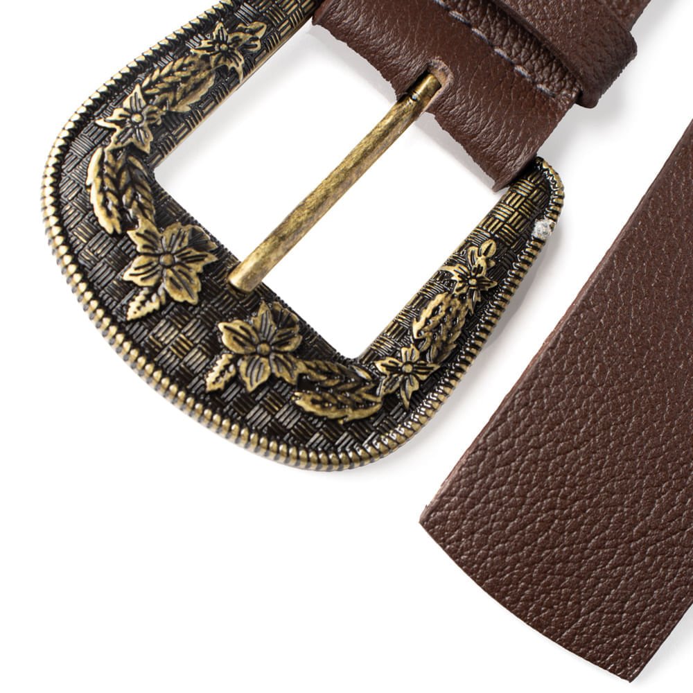 Cinto Feminino Dakota de Couro Fivela com Flores Café Marrom 3