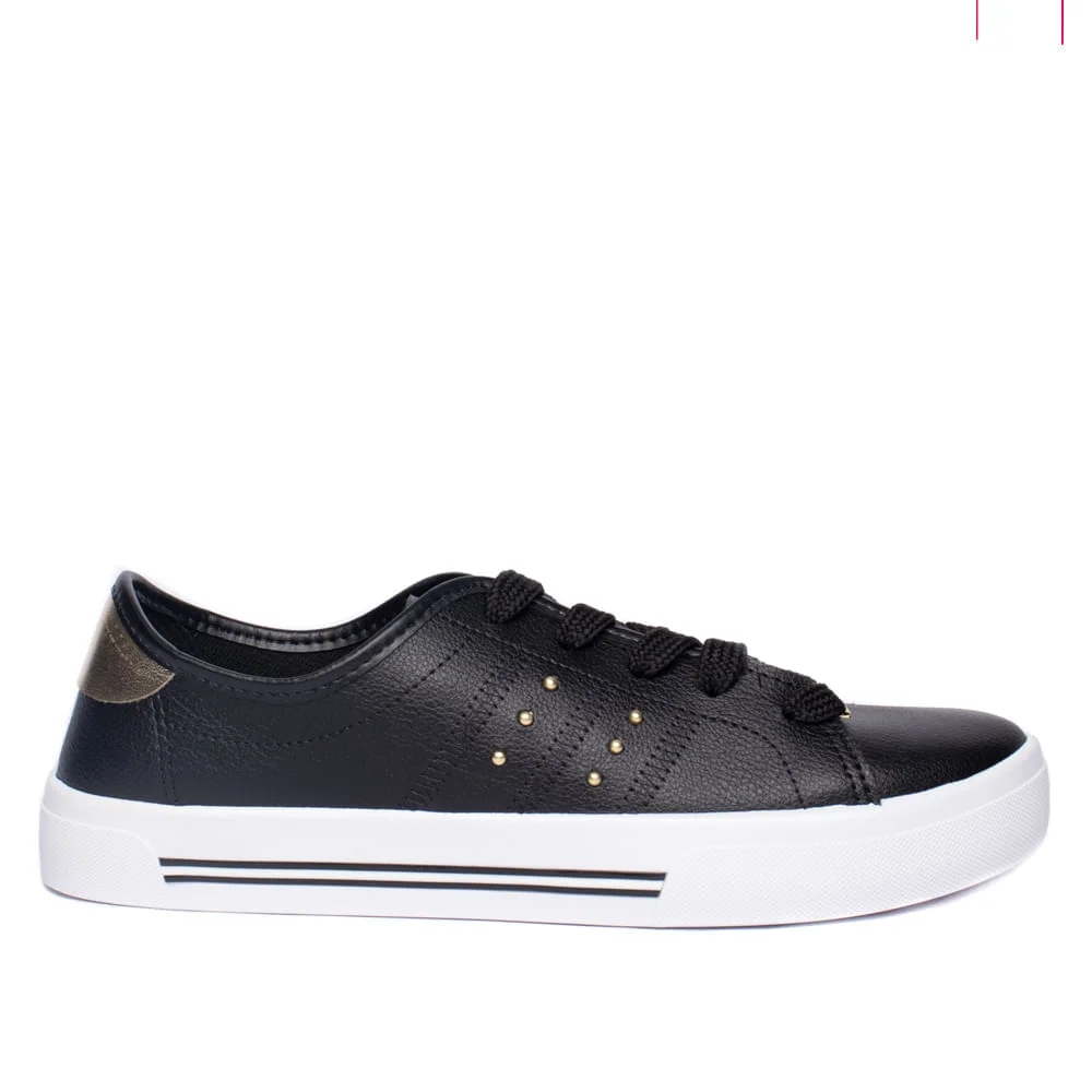 Tênis Feminino Moleca Napa Floather com Aplicações Preto/Dourado