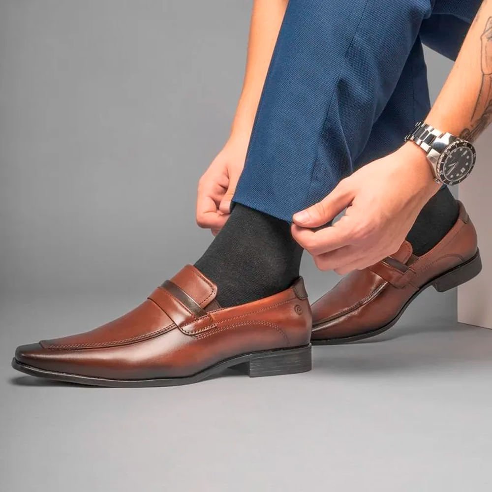 Sapato Masculino Pegada Calce Fácil Couro Pinhão/Marrom Marrom 7