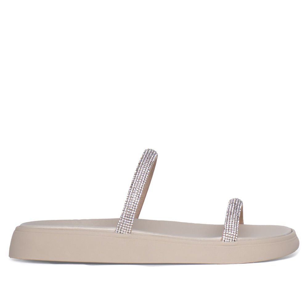 Sandália Feminina Moleca Flatform Pedrarias Creme/Cinza