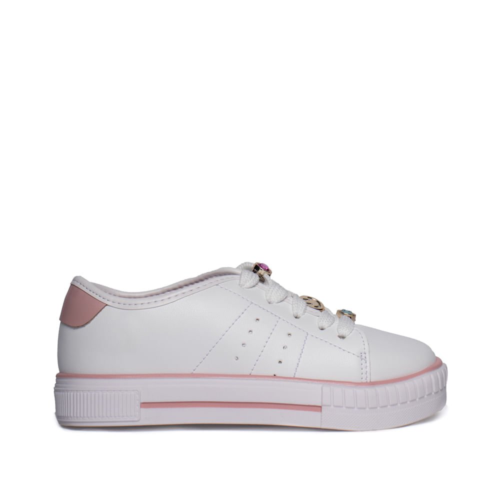 Tênis Infantil Molekinha Casual Adereço Metal Branco/Rosa