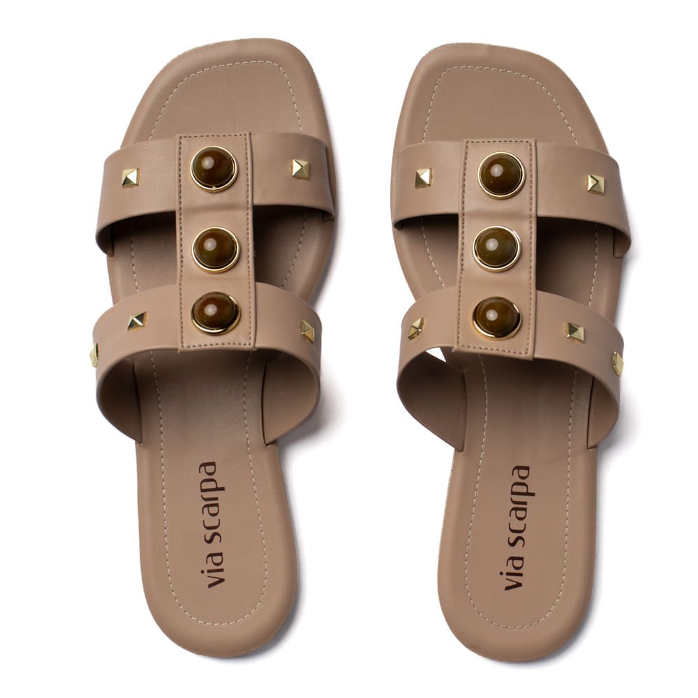 Rasteira Feminina Via Scarpa Aplicações Bege Médio