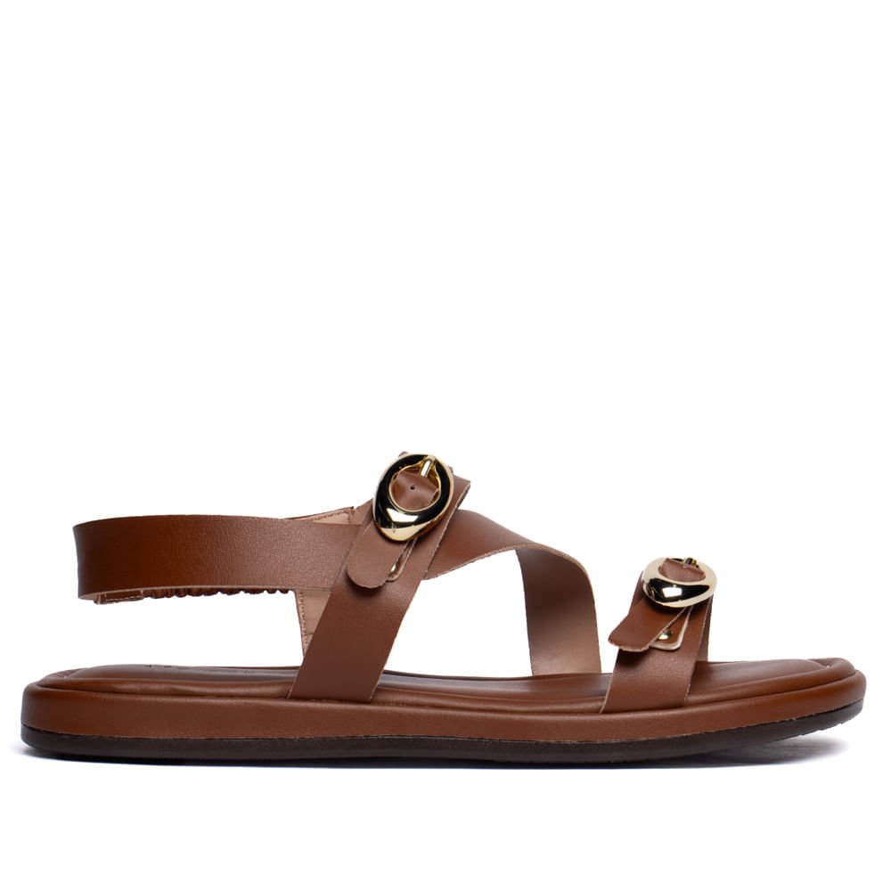 Sandália Rasteira Feminina Via Scarpa Fivelas Dourada Marrom