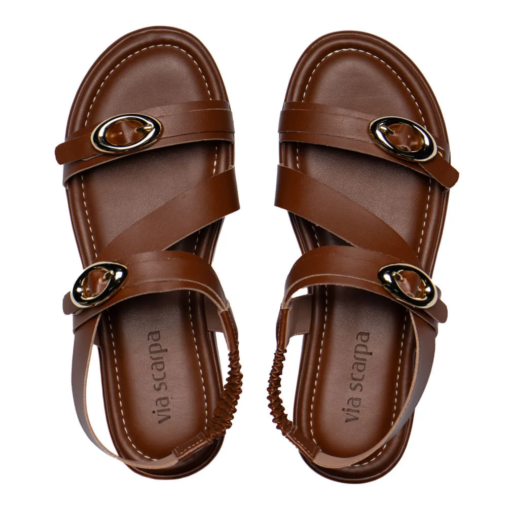 Sandália Rasteira Feminina Via Scarpa Fivelas Dourada Marrom Marrom 4