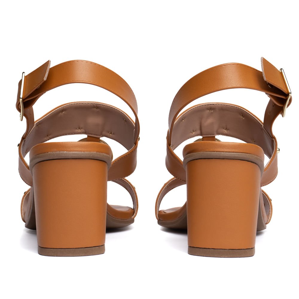 Sandália Feminina Salto Bloco Aplicações Douradas Caramelo Caramelo 3