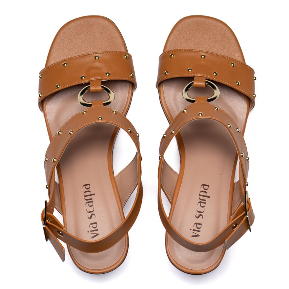 Sandália Feminina Salto Bloco Aplicações Douradas Caramelo Caramelo 4