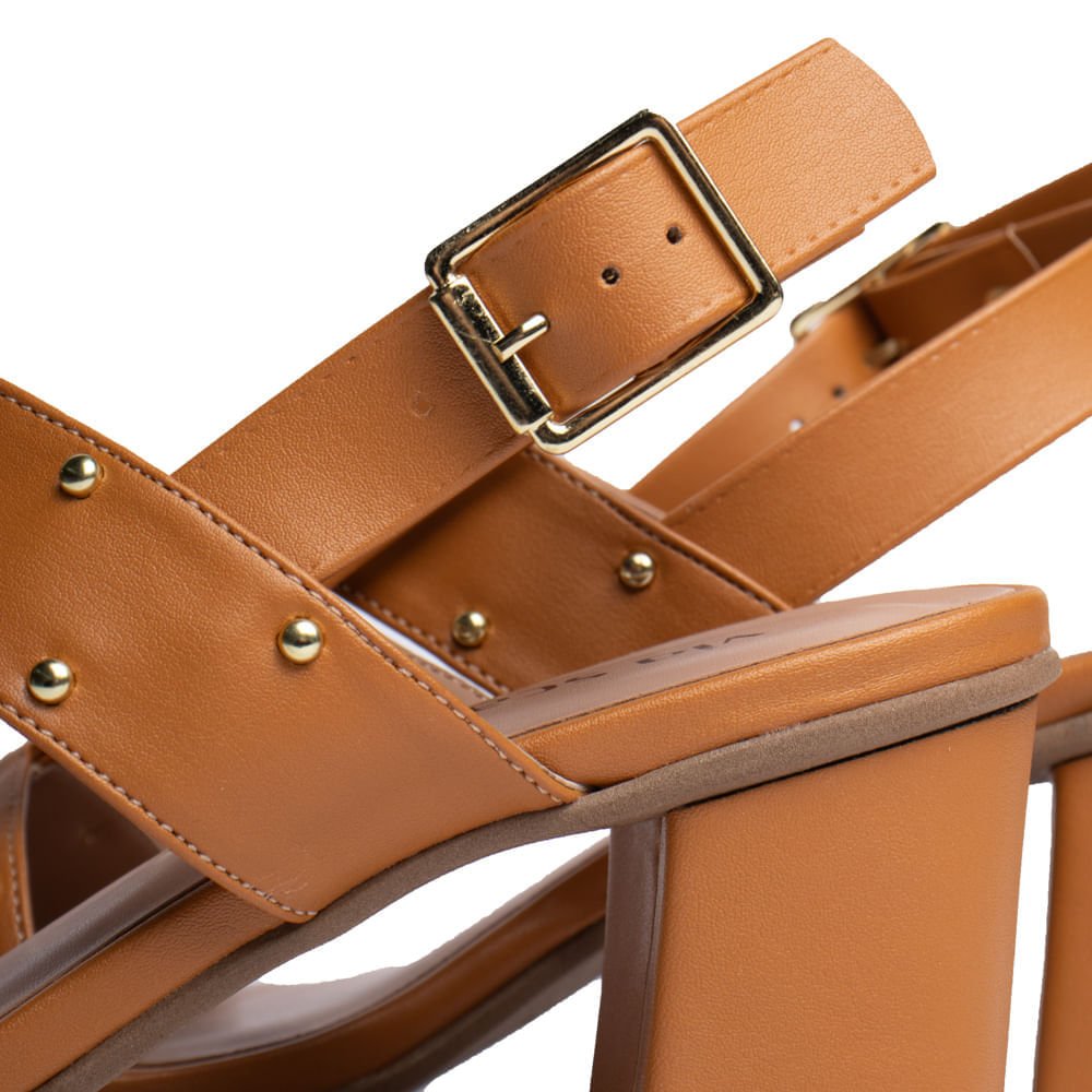 Sandália Feminina Salto Bloco Aplicações Douradas Caramelo Caramelo 6