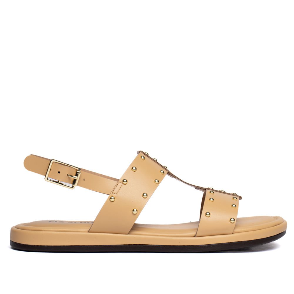 Sandália Rasteira Feminina Apliques Dourados Creme