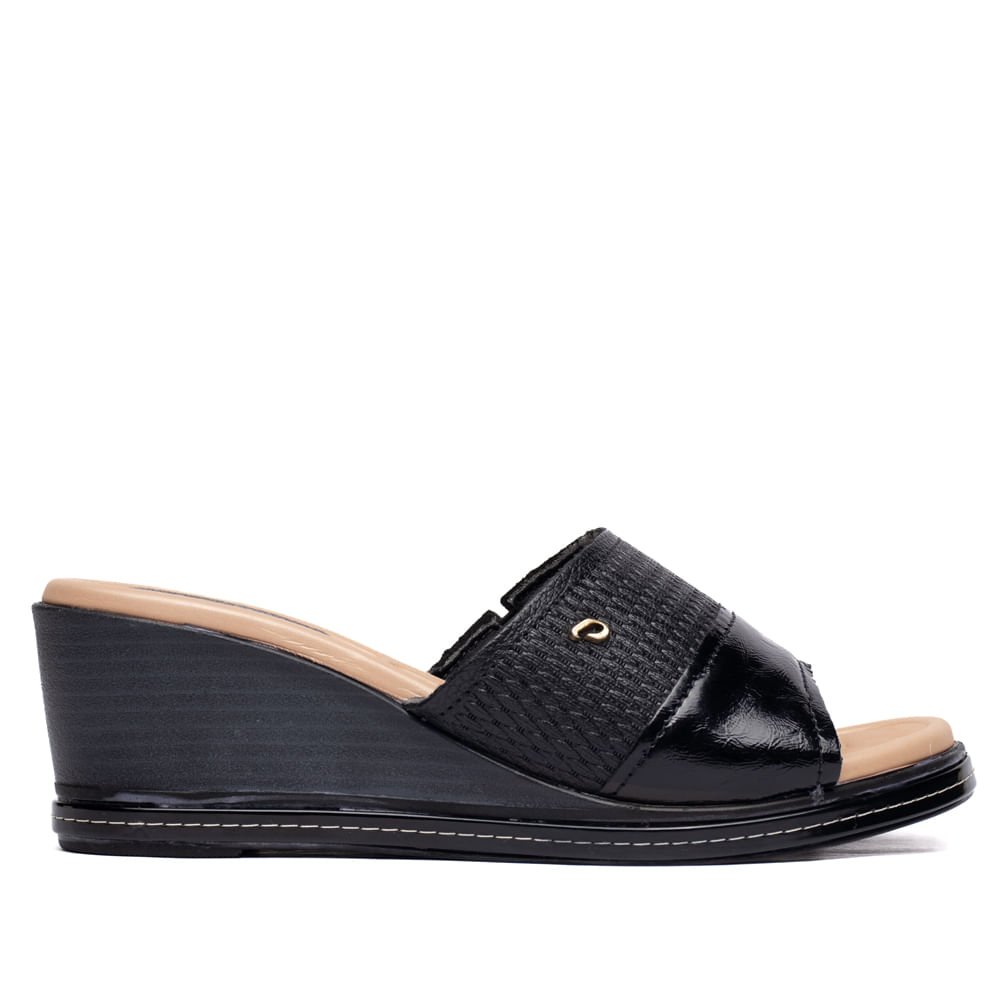 Tamanco Feminino Pegada Couro Anabela Texturizado Preto/Bege