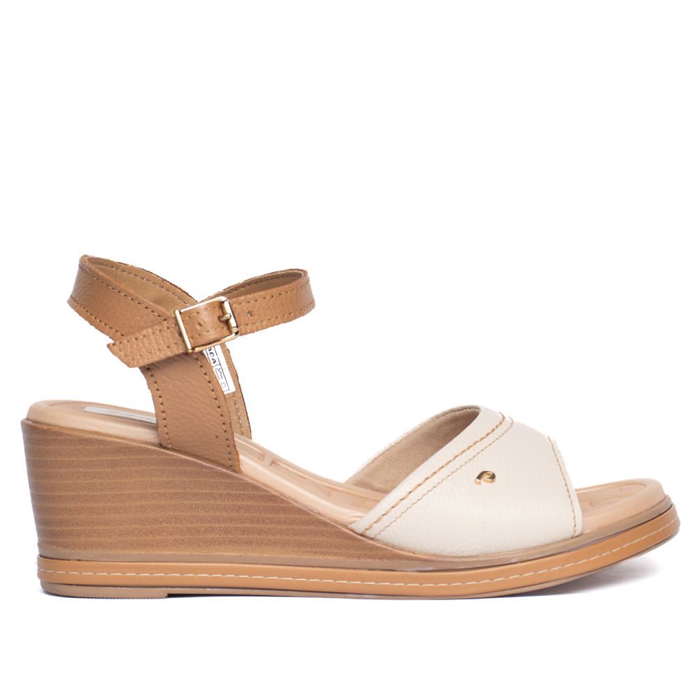 Sandália Feminina Pegada Couro Anabela Off White/Bege