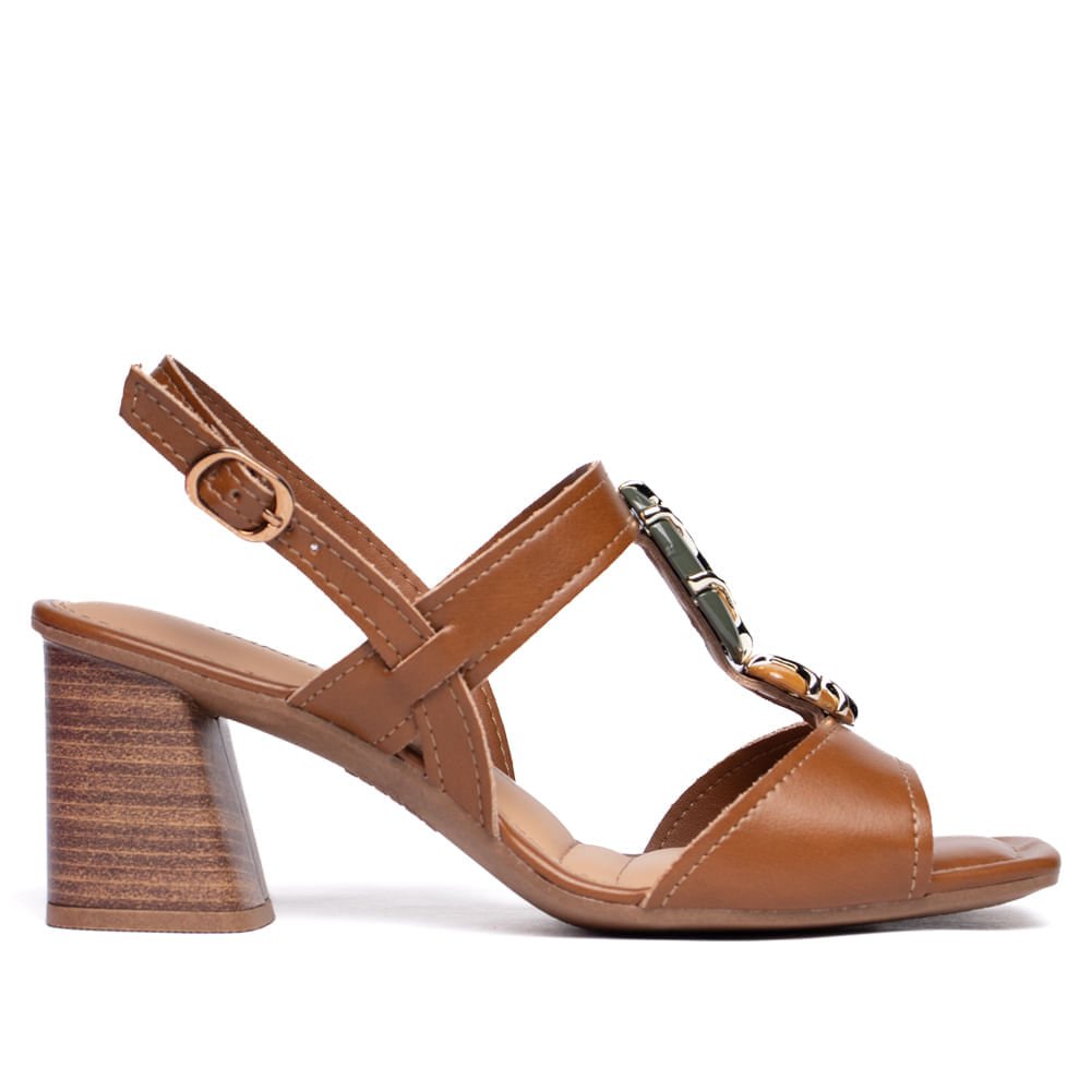 Sandália Feminina Dakota Salto Bloco com Pedraria Caramelo