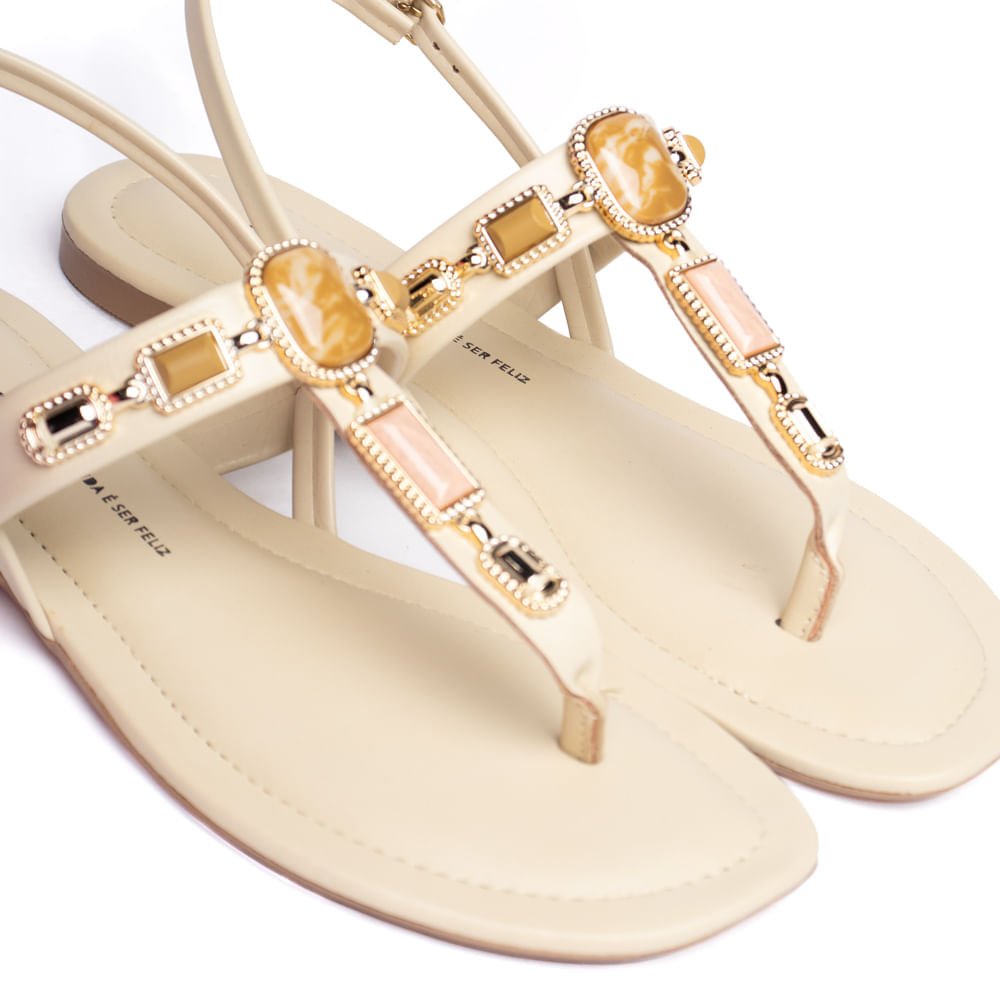 Sandália Rasteira Feminina Dakota com Pedrarias Bege Bege 4
