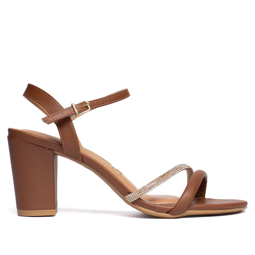 Sandália Feminina Vizzano Salto Grosso com Tira de Strass Marrom