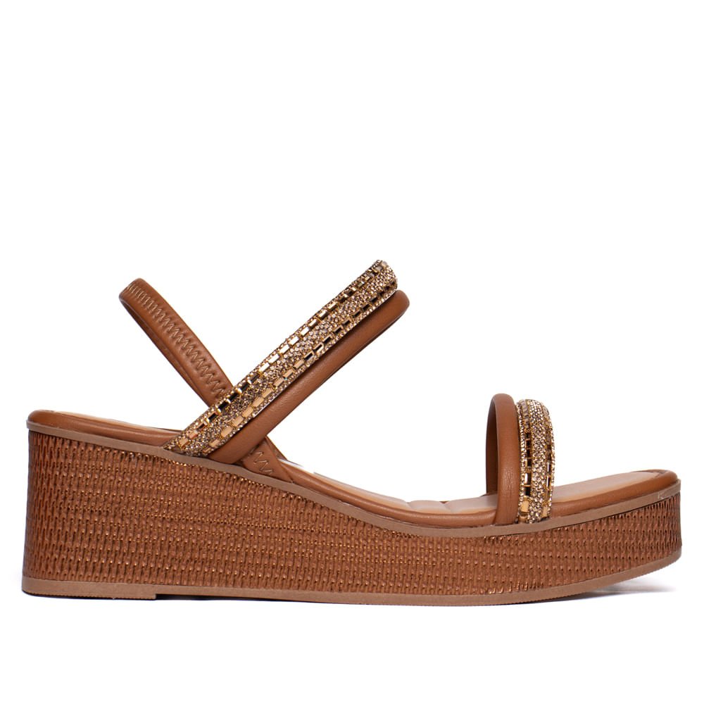 Sandália Feminina Mississipi Anabela Brilho Caramelo/Dourado