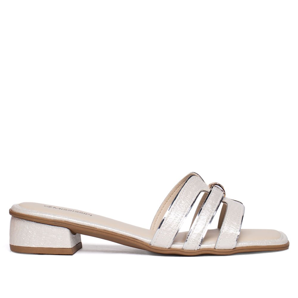 Tamanco Feminino Mississipi Salto Baixo Off White/Prata