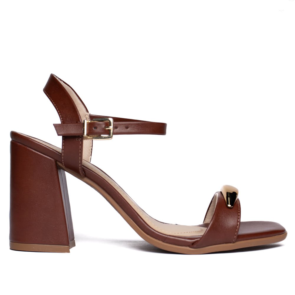 Sandália Feminina Ramarim Salto Bloco Aplique Dourado Marrom