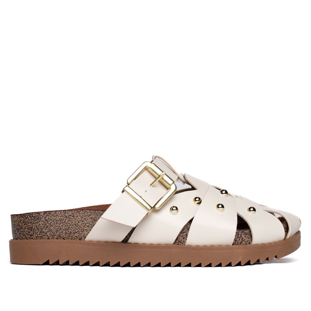 Mule Feminino Moleca Flatform Fivela Dourada Off White
