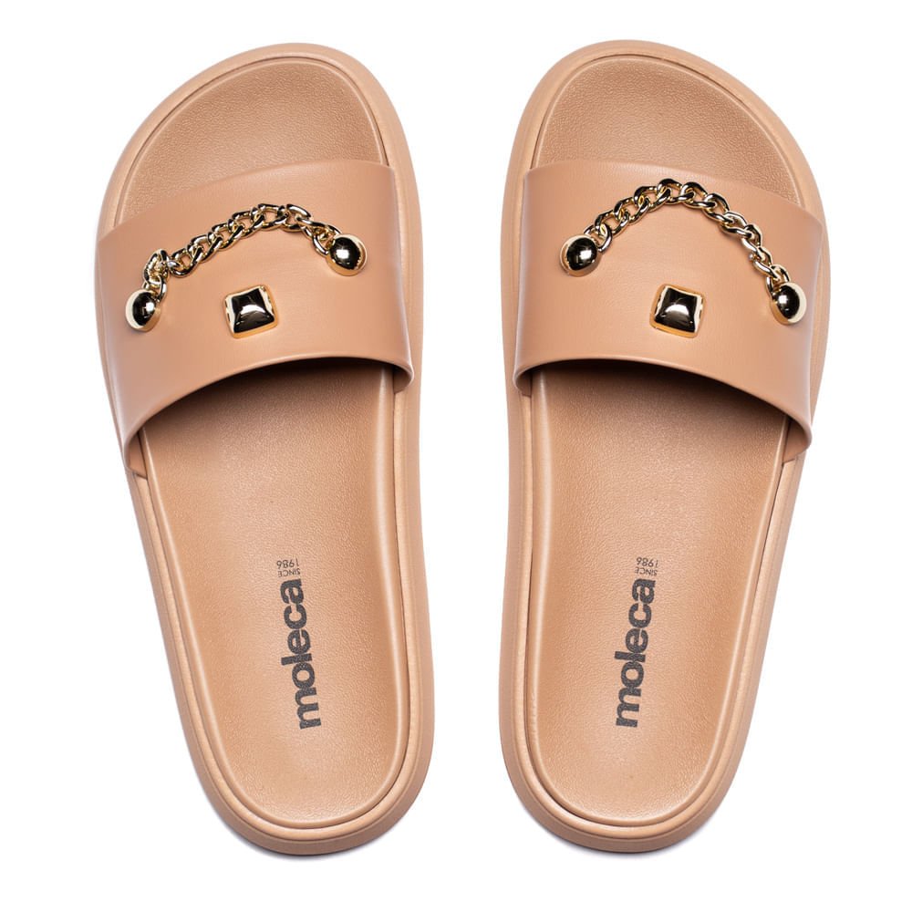 Chinelo Slide Feminino Moleca Flatform Detalhe Nude/Dourado
