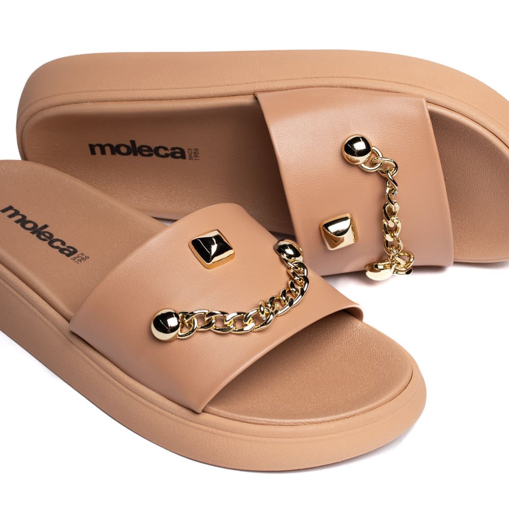 Chinelo Slide Feminino Moleca Flatform Detalhe Nude/Dourado Nude 5