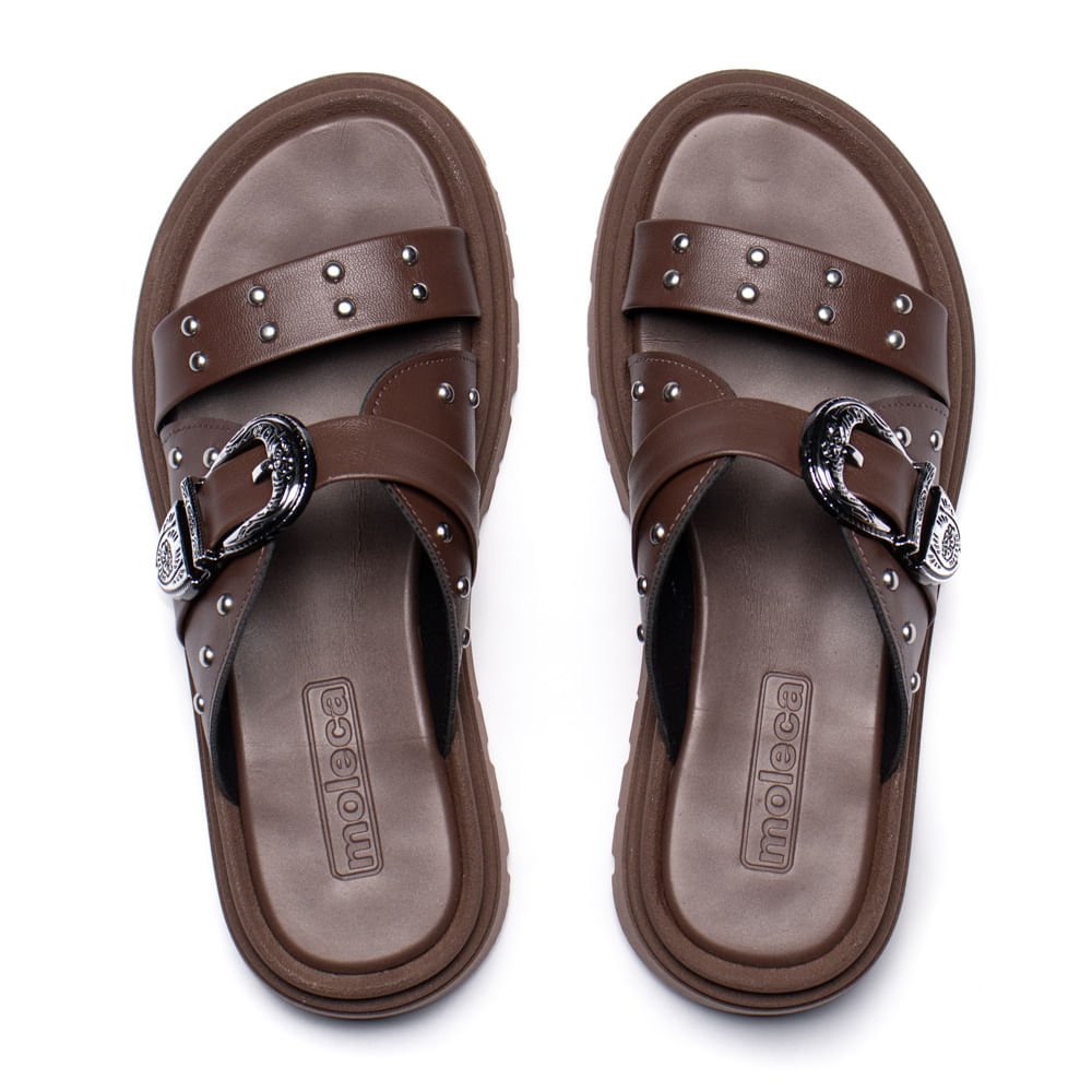 Chinelo Slide Feminino Moleca Napa Aplicações Marrom