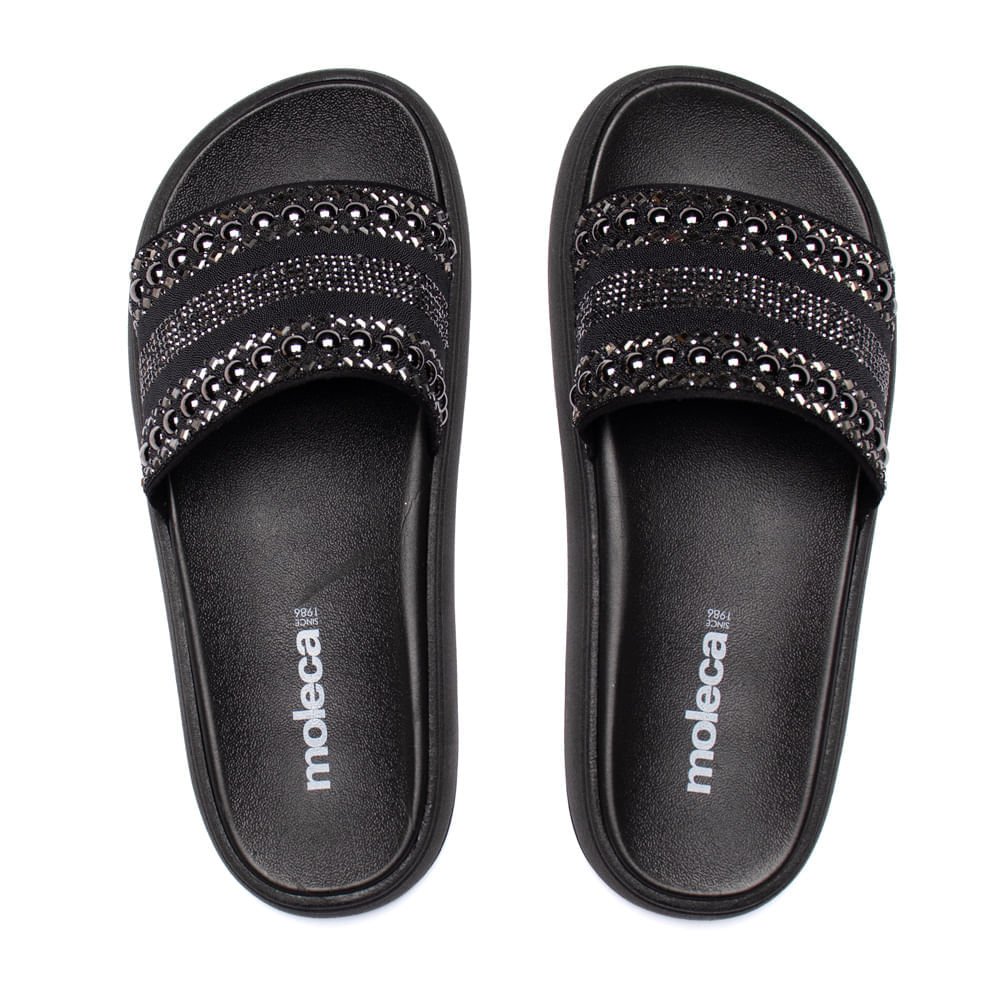 Chinelo Feminino Moleca Flatform Slide Pedrarias Preto