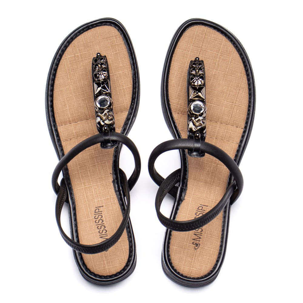 Sandália Feminina Mississipi Salto Baixo Pedrarias Preto Preto 4
