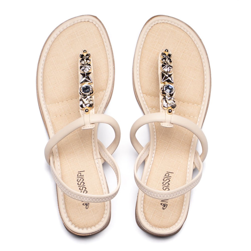 Sandália Feminina Mississipi Salto Baixo Pedrarias Bege Bege 4
