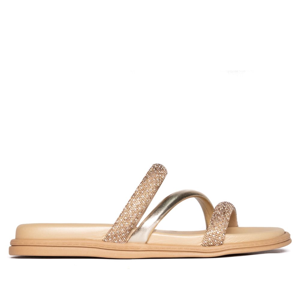 Chinelo Feminino Beira Rio Flatform Tiras Strass e Metalizad Bege 2
