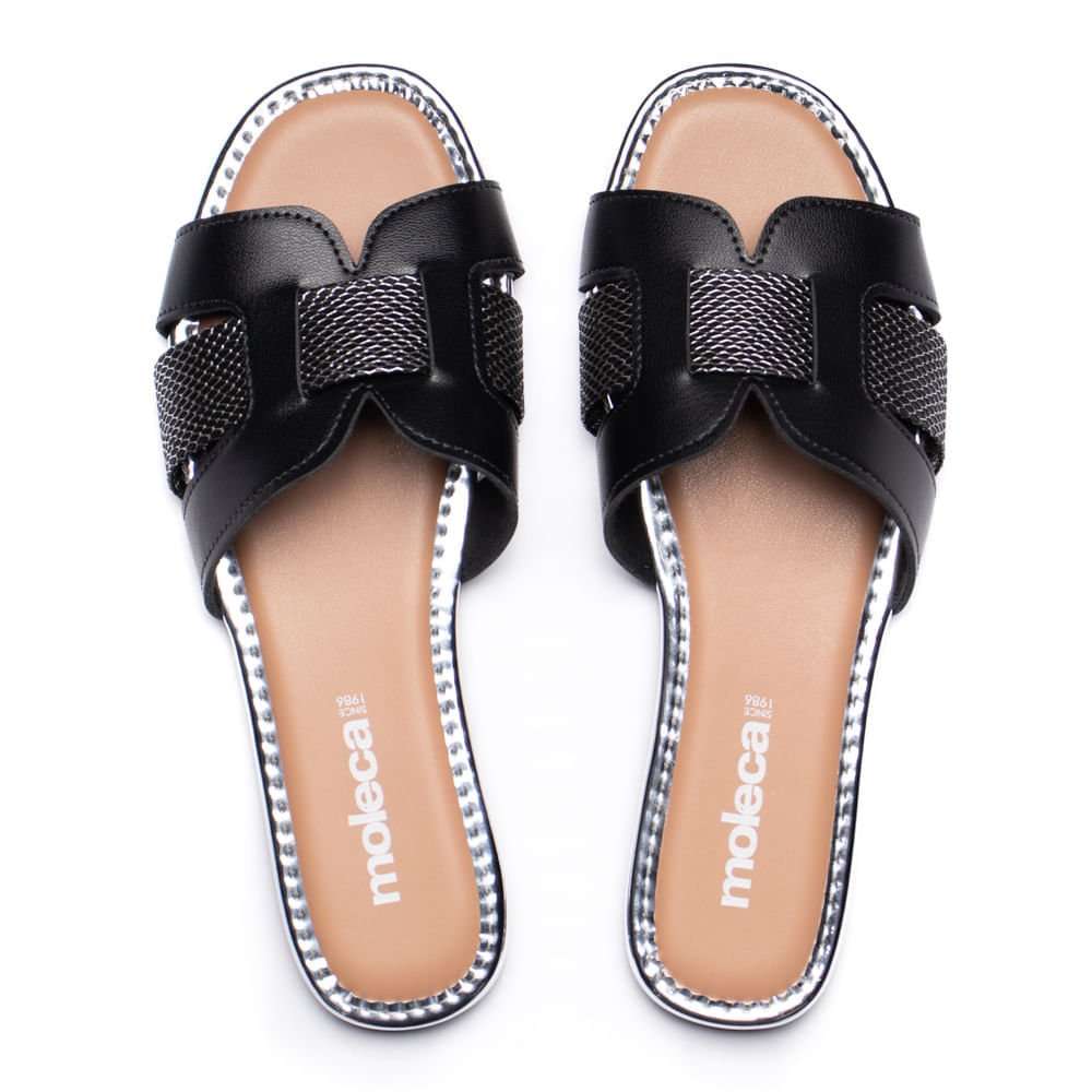 Rasteira Feminina Moleca Napa Preto/Prata