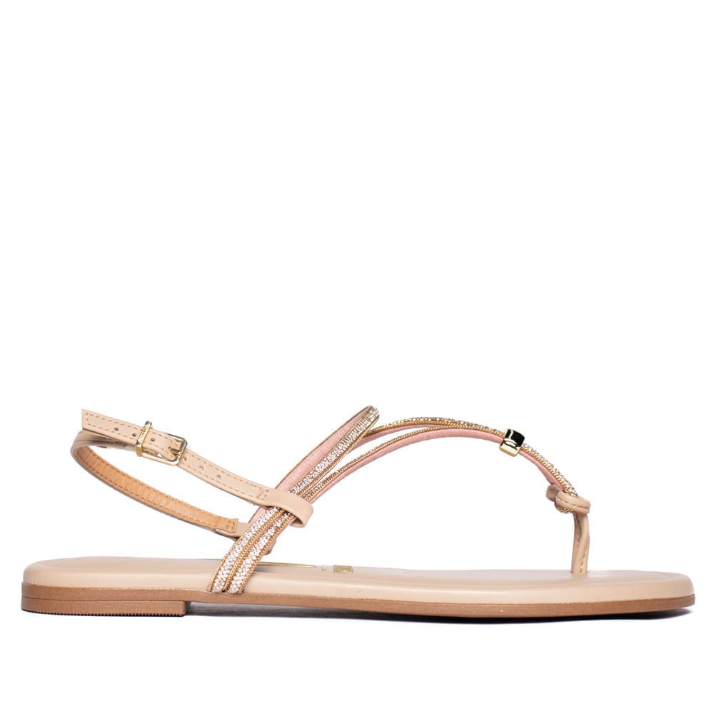 Sandália Rasteira Feminina Vizzano Tiras Finas Strass Nude