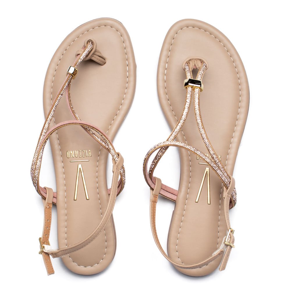 Sandália Rasteira Feminina Vizzano Tiras Finas Strass Nude Nude 4