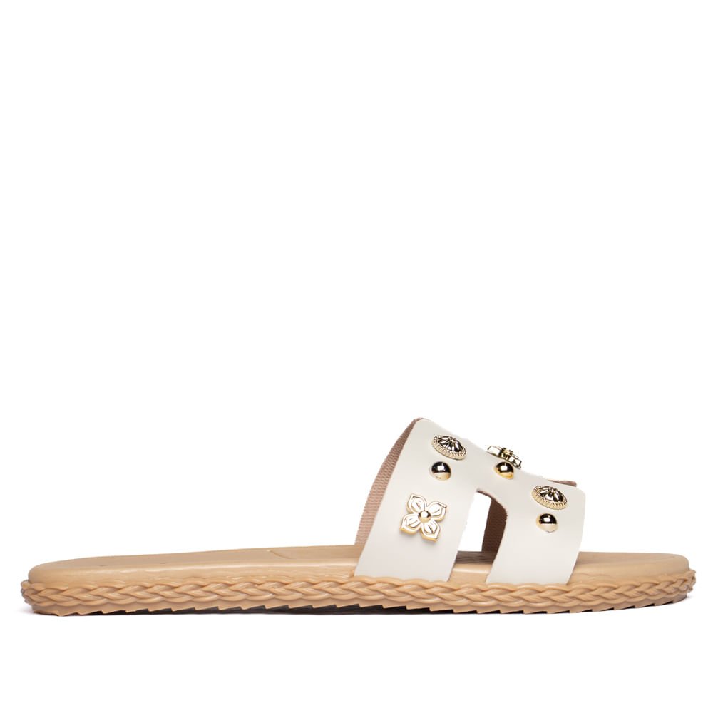 Rasteira Feminina Moleca com Recortes e Aplicações Off White Off White 2