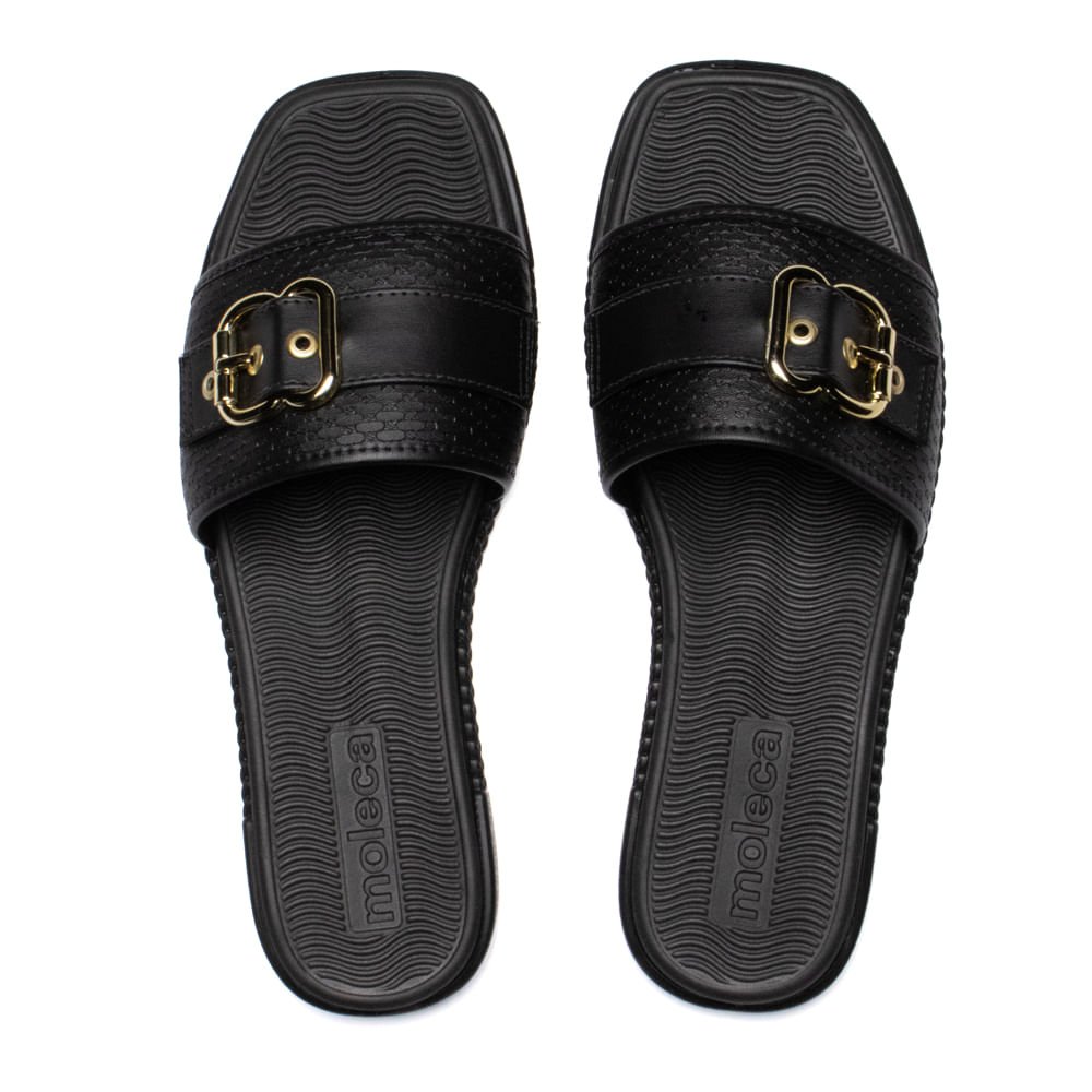 Rasteira Feminina Slide Moleca Napa Fivela Dourada Preto
