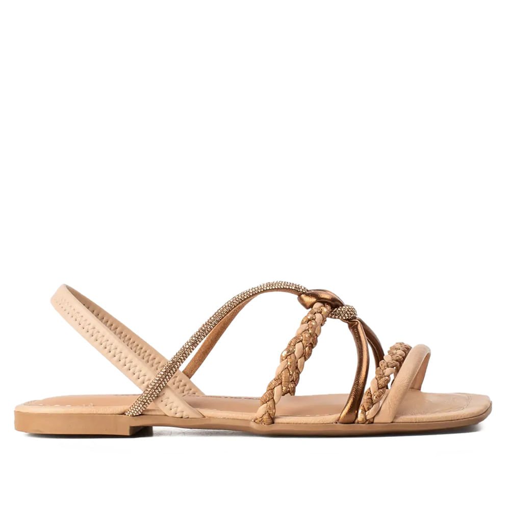 Sandália Rasteira Feminina Dakota com tranças e Strass Bege