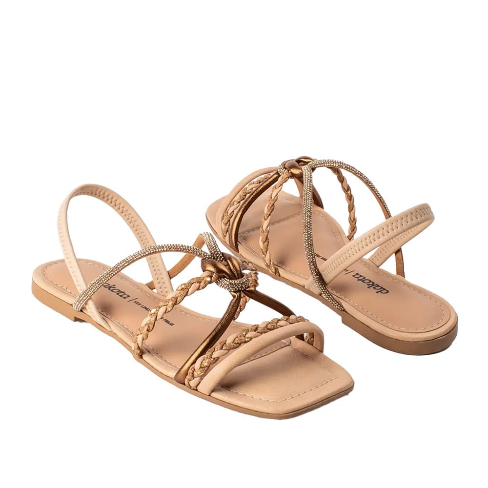 Sandália Rasteira Feminina Dakota com tranças e Strass Bege Bege 3