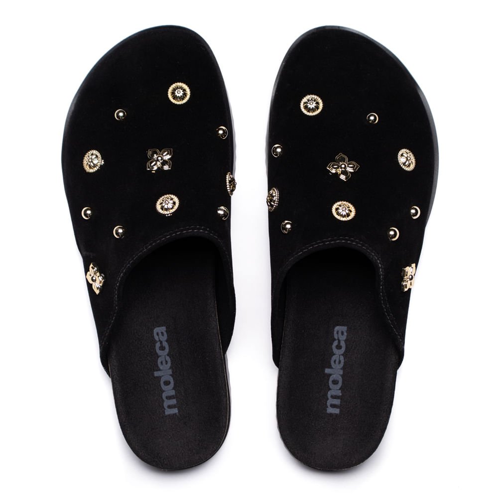 Mule Feminino Moleca Flatform Camurça Aplicações Preto Preto 3