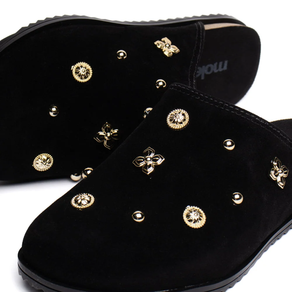 Mule Feminino Moleca Flatform Camurça Aplicações Preto Preto 5