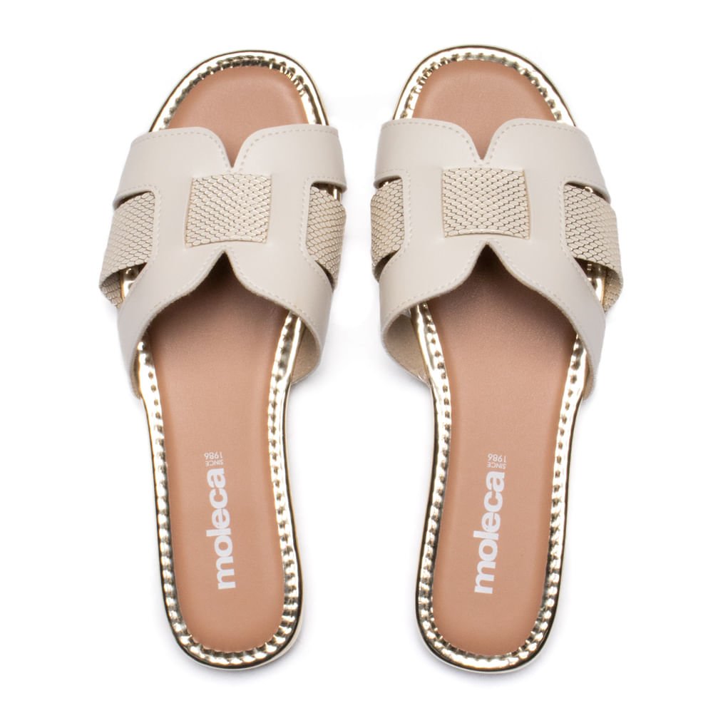 Rasteira Feminina Slide Moleca Napa Off White/Dourado