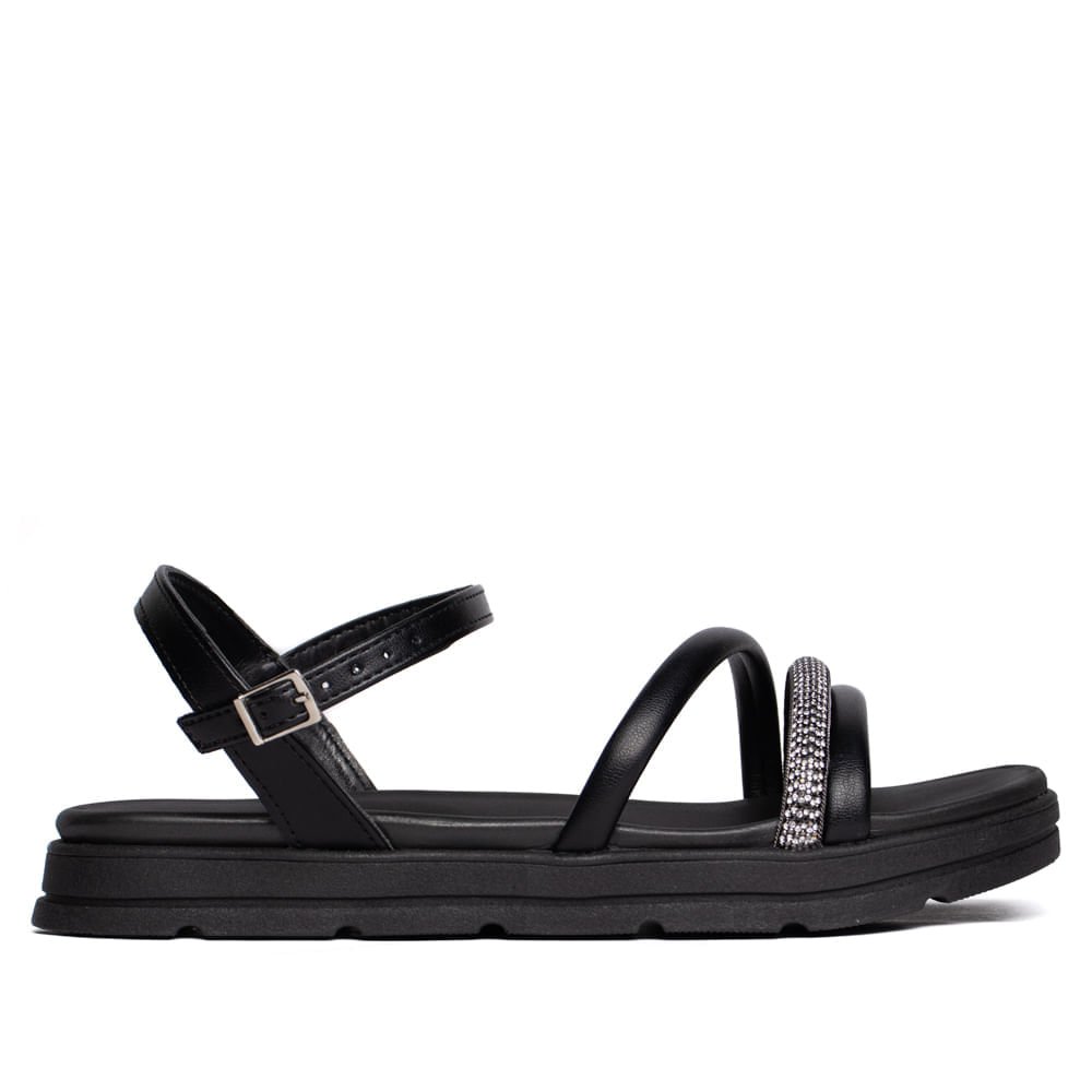 Sandália Feminina Moleca Flatform  Detalhe  Strass Preto